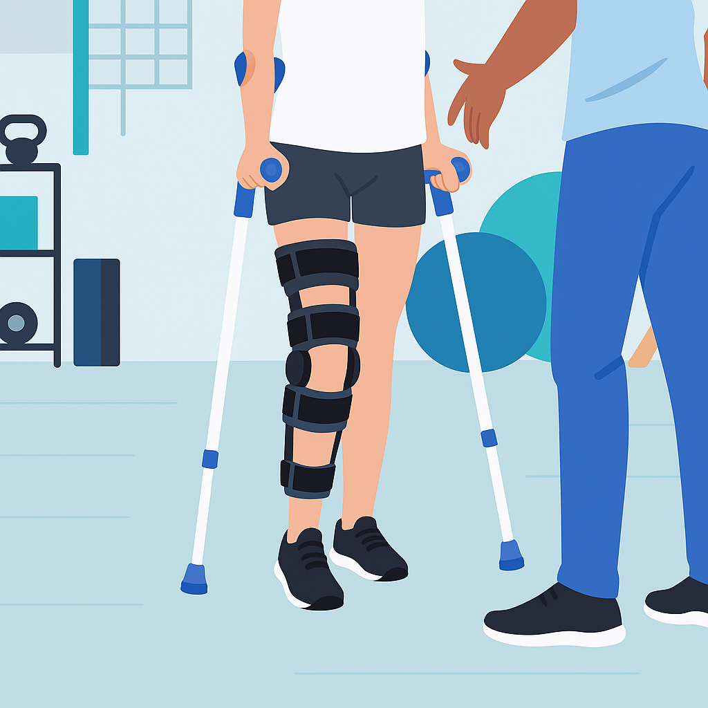 A physical therapist assists a patient using crutches with a knee brace in a modern rehabilitation room, illustrating a post-surgical physiotherapy session.
